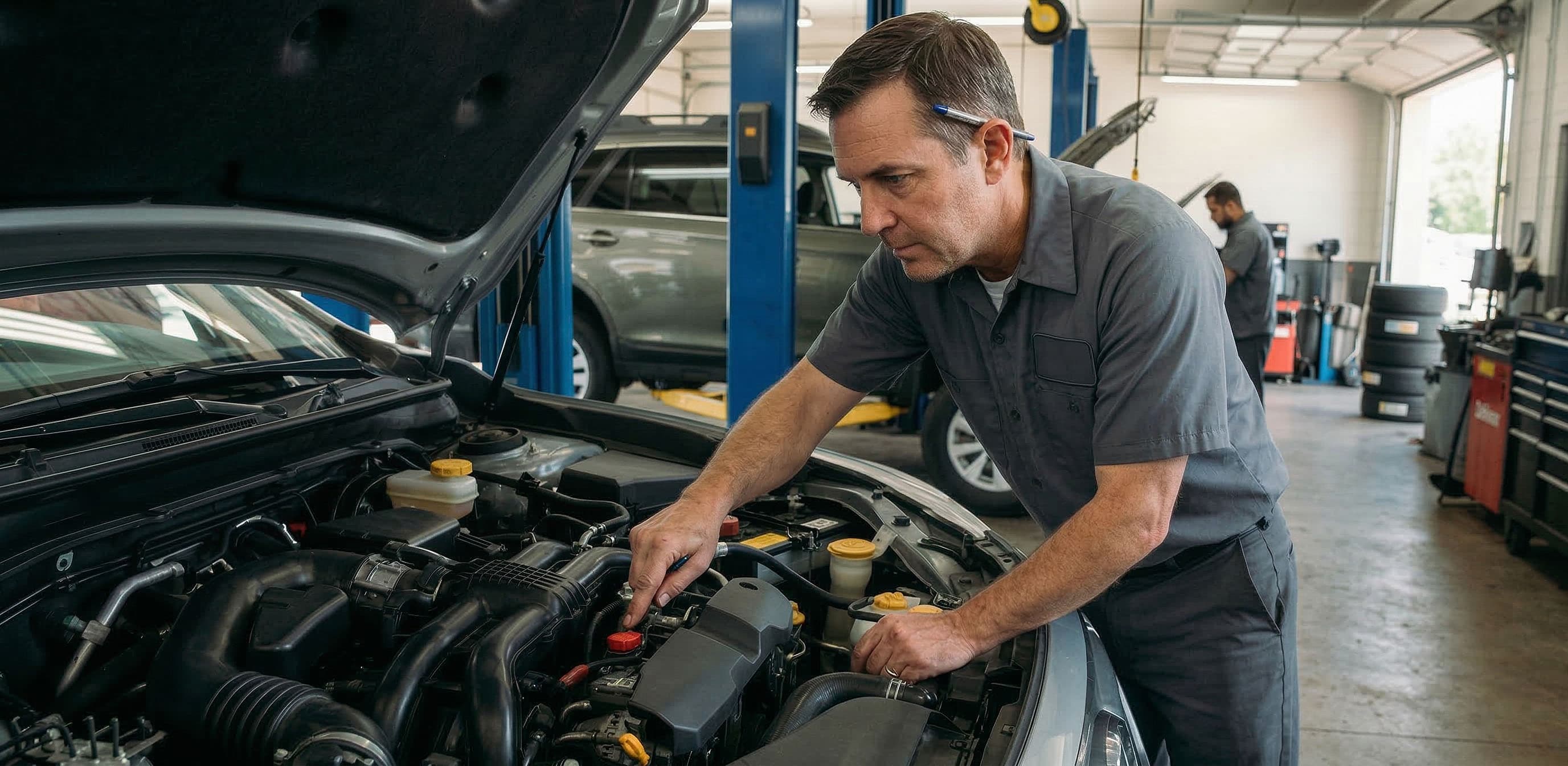 Confident mechanic working under a car on a lift in a professional repair shop